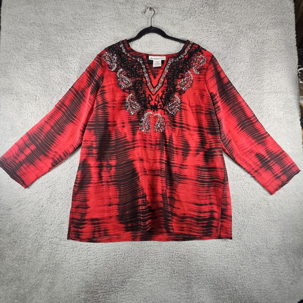 Vintage Tunic Top Womens 18 Red Tie Dye Beaded Embroidered Sheer Whimsigoth Swim